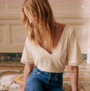Sezane cream V-neck lace sleeve top 34